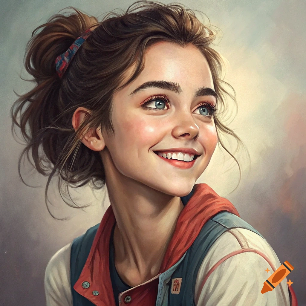 Digital portrait of a young woman smiling, with brown hair tied up and wearing a jacket.