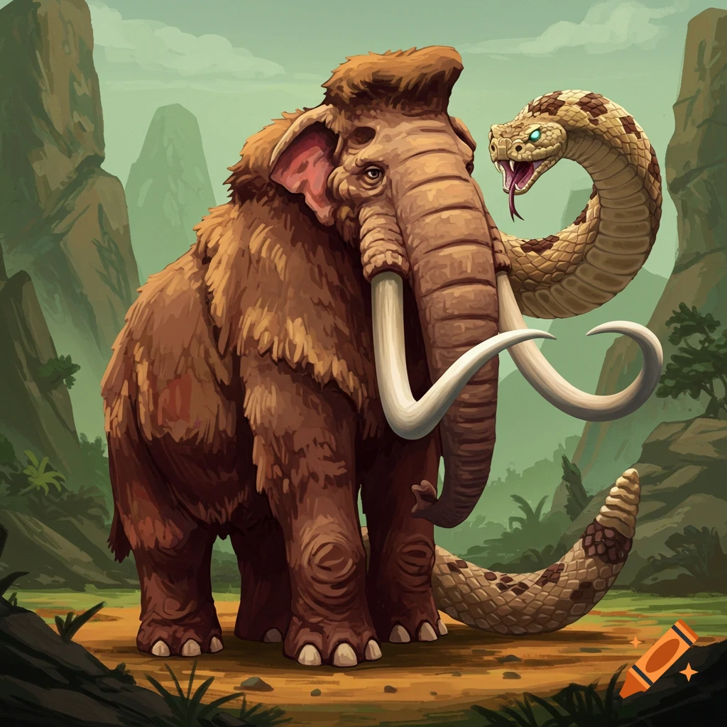 a creature that is a mix of a mammoth and a rattlesnake standing in a prehistoric landscape.