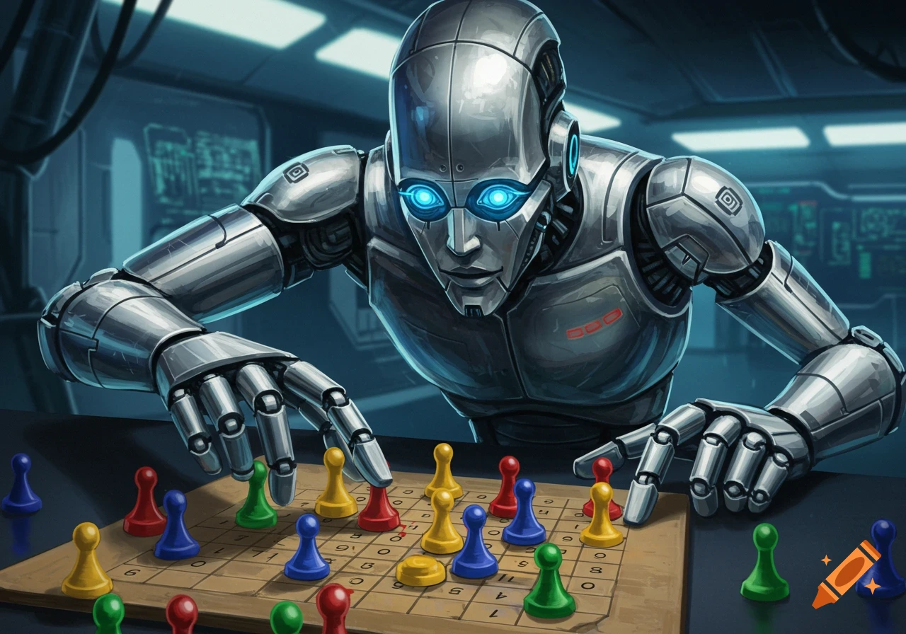 A robot plays a board game with pawns in a futuristic room.