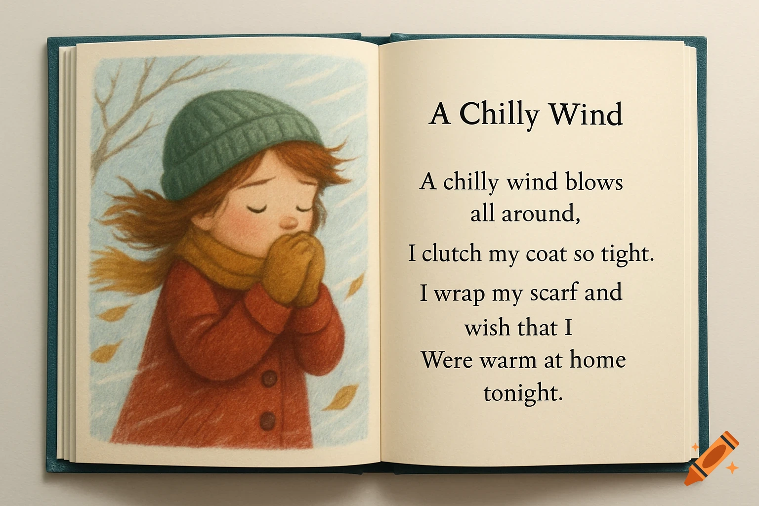 Illustration of a child in winter clothes in an open book next to a poem.