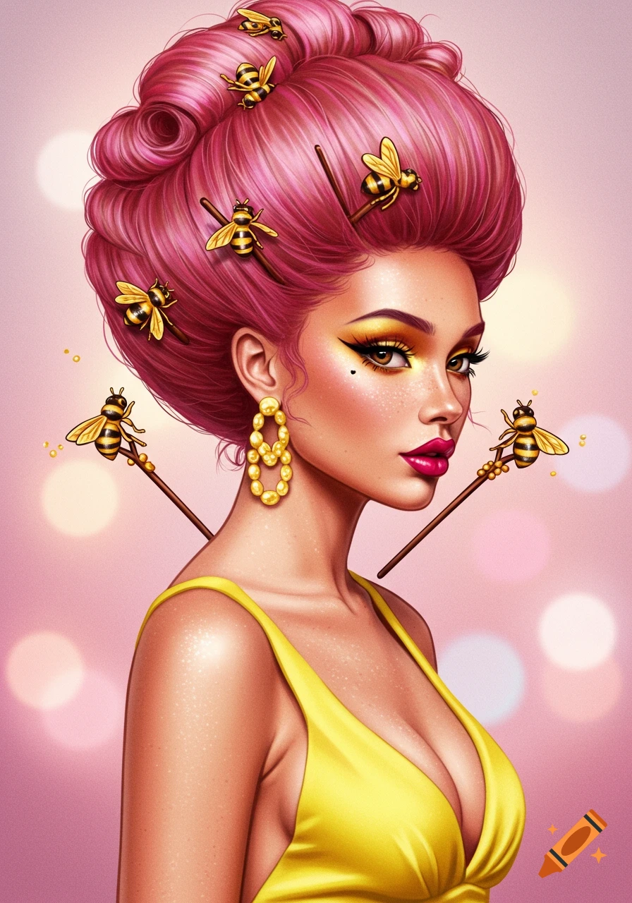 A woman with pink beehive hair decorated with bees and hair sticks, wearing a yellow dress. Digital illustration.