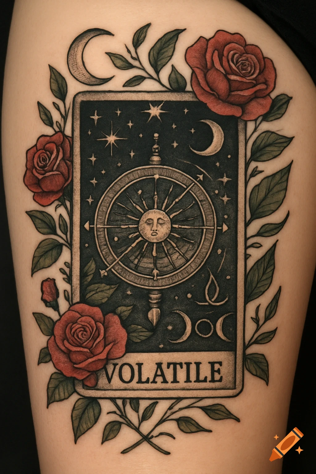 A tarot card design tattoo on skin featuring a sun and moon wheel, stars, surrounded by red roses and leaves, with the word VOLATILE.