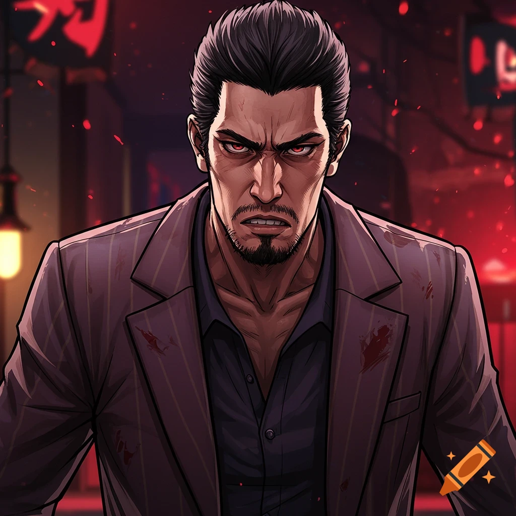 An angry stylized anime man in a suit with blood spatters stands against a blurry red background.