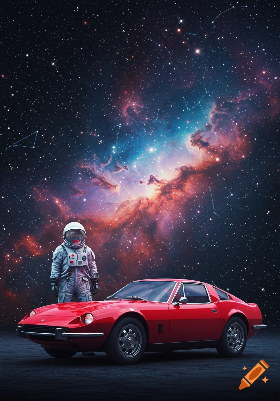 An astronaut stands next to a red sports car in outer space with a colorful nebula