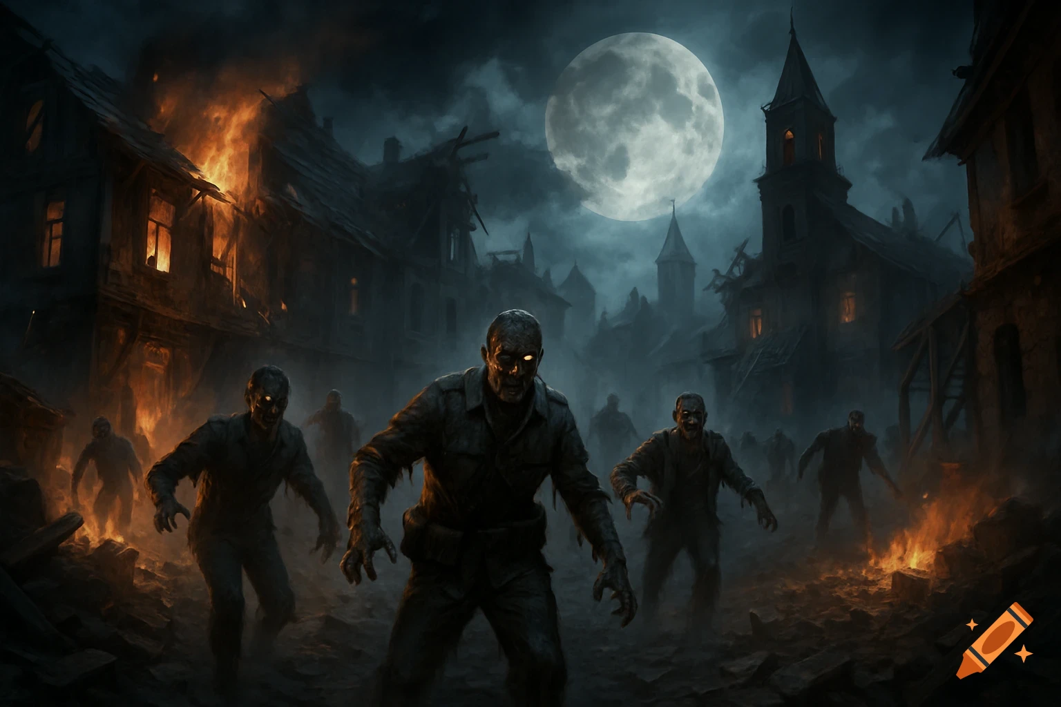 Zombies walking through a destroyed, burning town at night under a full moon.