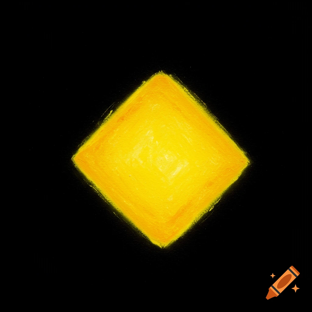 Bright yellow glowing diamond shape on a black background, abstract art style.