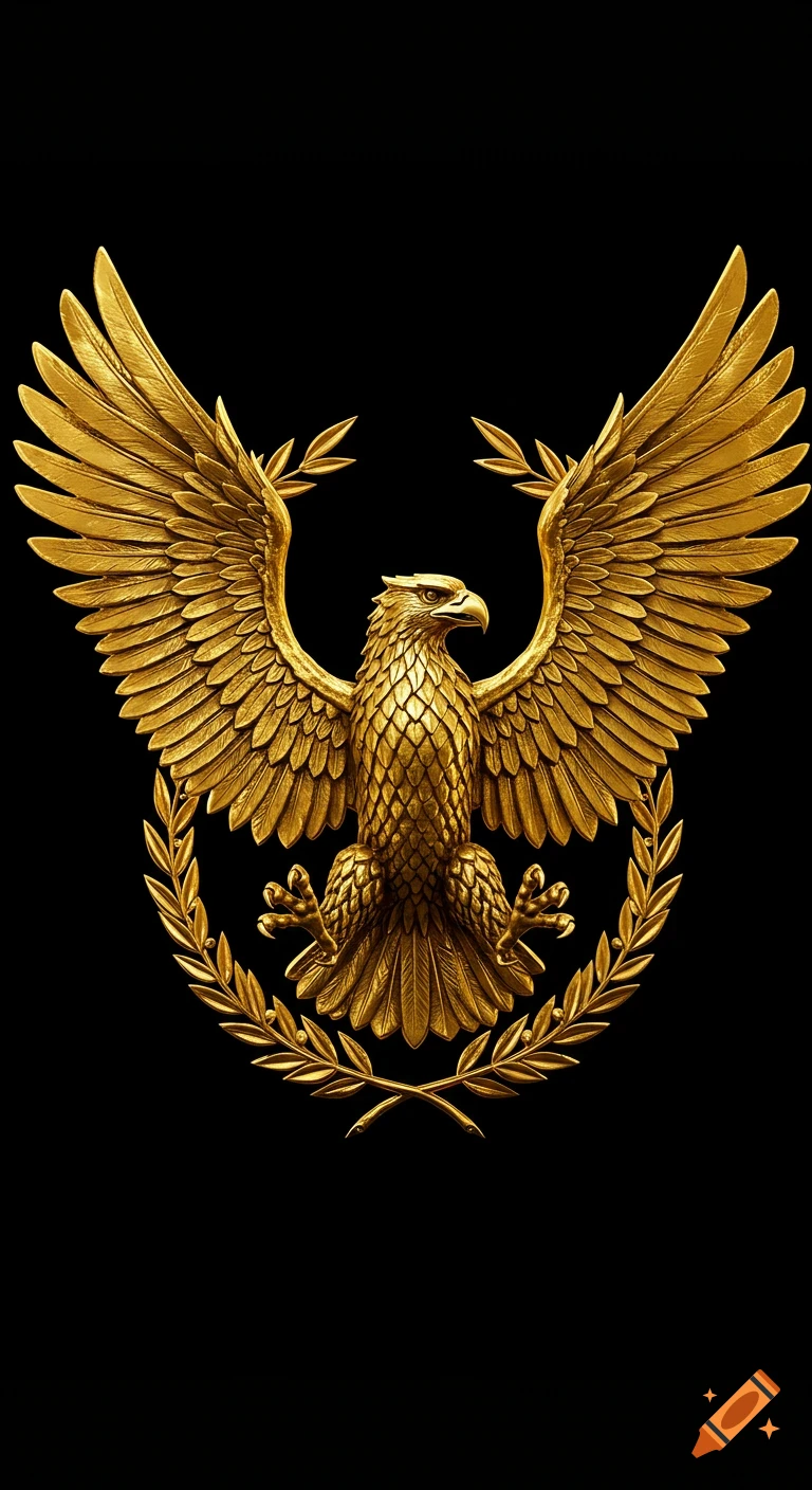 A golden eagle emblem with spread wings and a laurel wreath on a black background.