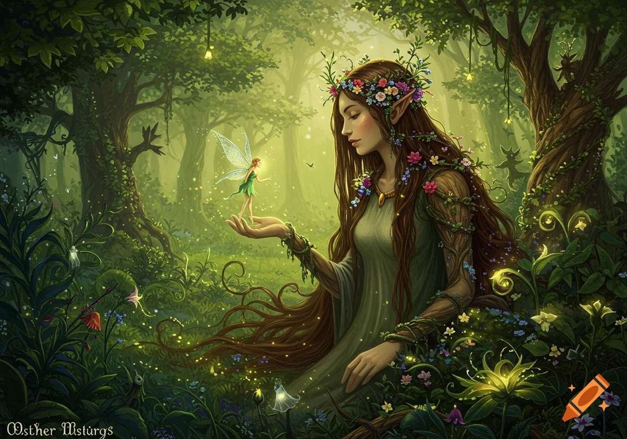 A woman holding a small fairy in an enchanted forest.