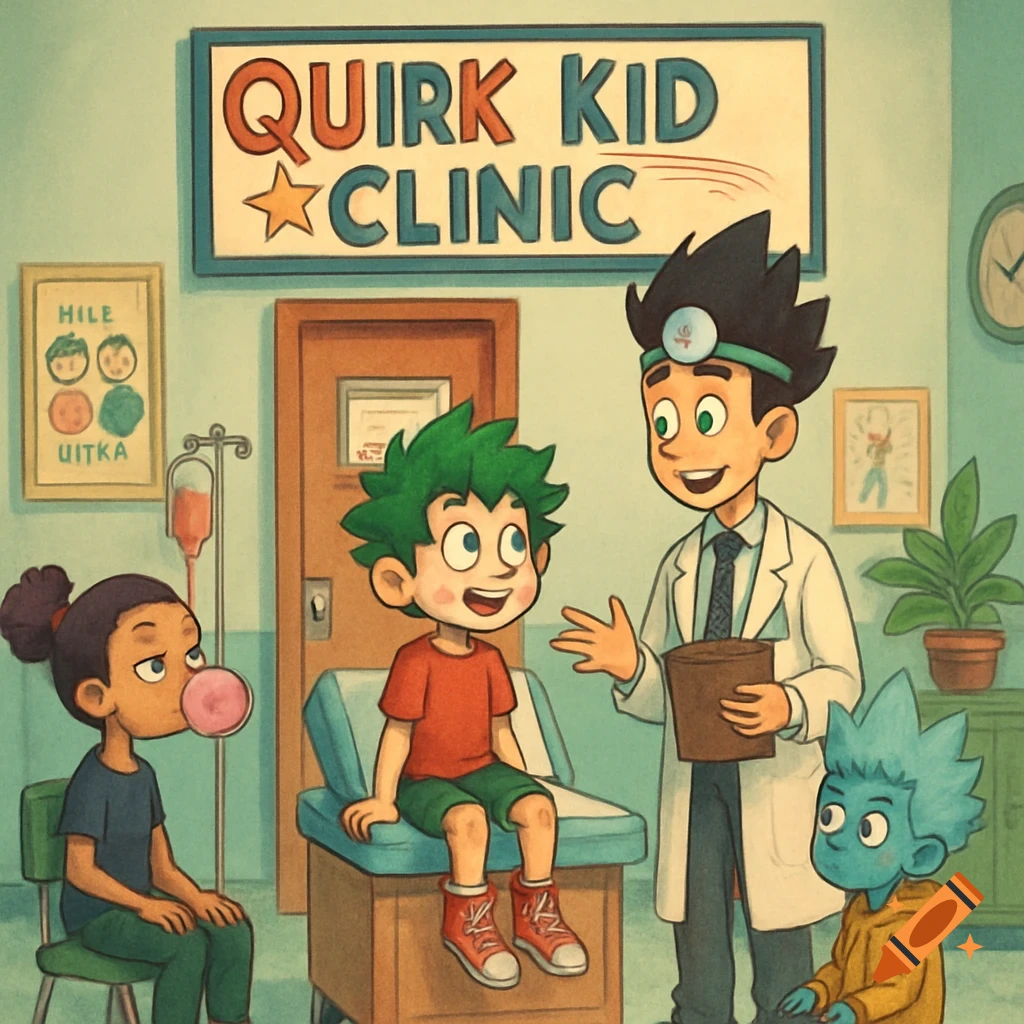 Cartoon of a doctor talking to children in a clinic with a 'Quirk Kid Clinic' sign.