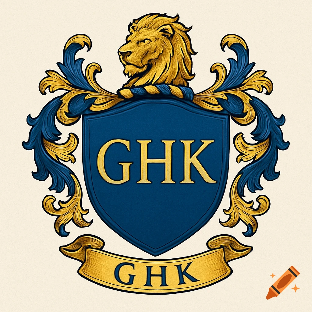 A traditional blue and gold family crest featuring a lion's head, shield with GHK, and a scroll below with GHK.