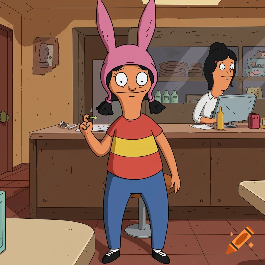 Cartoon character wearing a pink bunny hat, red and yellow striped shirt, and blue pants, standing in a kitchen.
