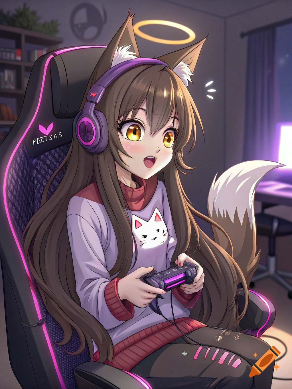 Anime girl with wolf ears and tail, wearing headphones, playing a video game in a gaming chair.
