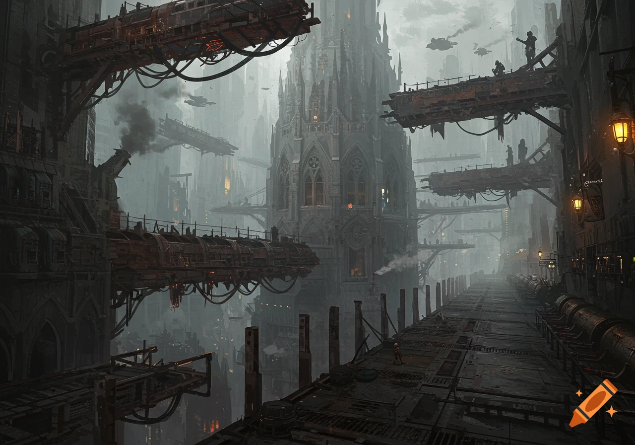 A grimdark sci-fi hive city with gothic architecture, flying vehicles, and walkways.