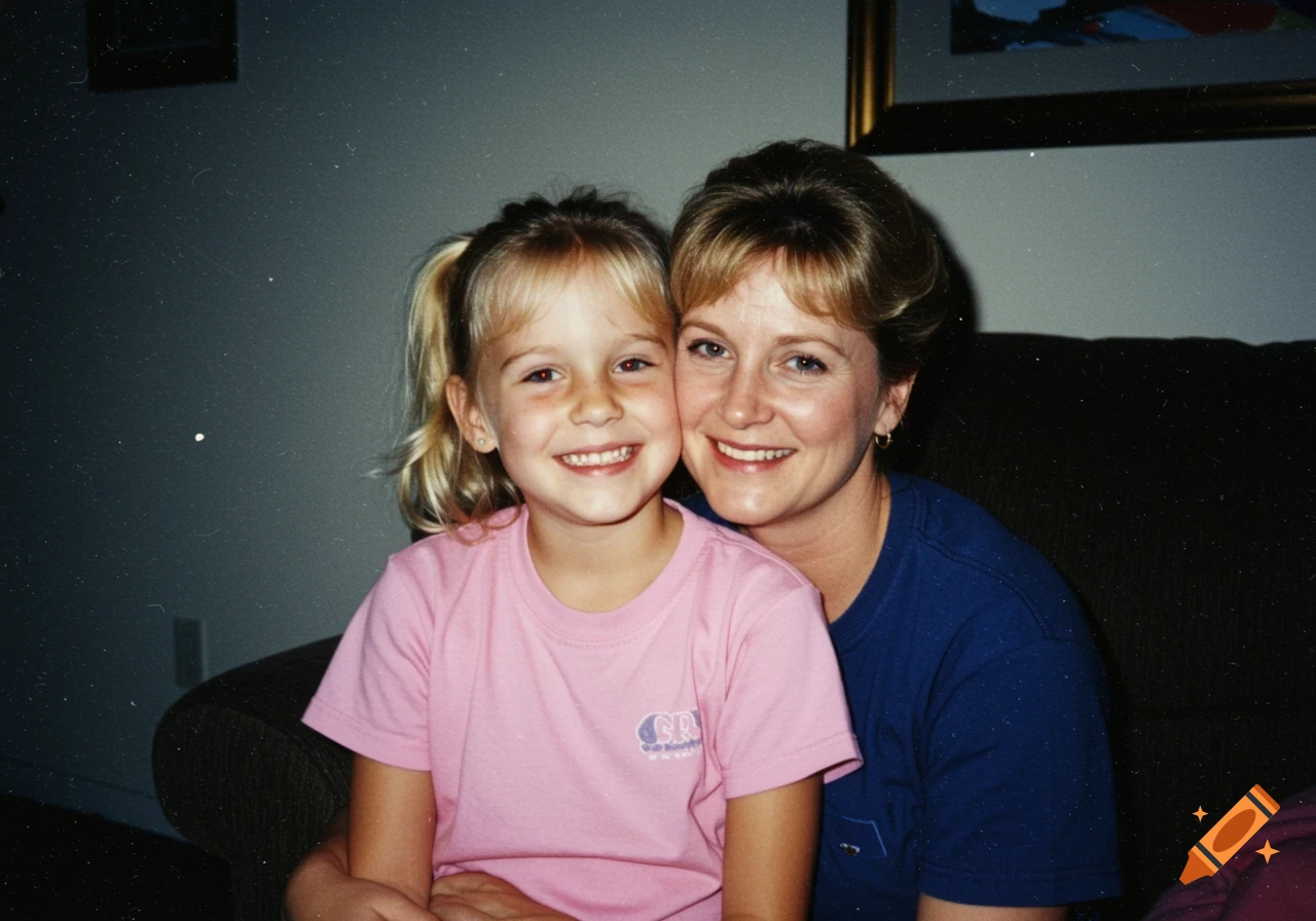 A young girl and a woman smiling in a 1990s polaroid photo.