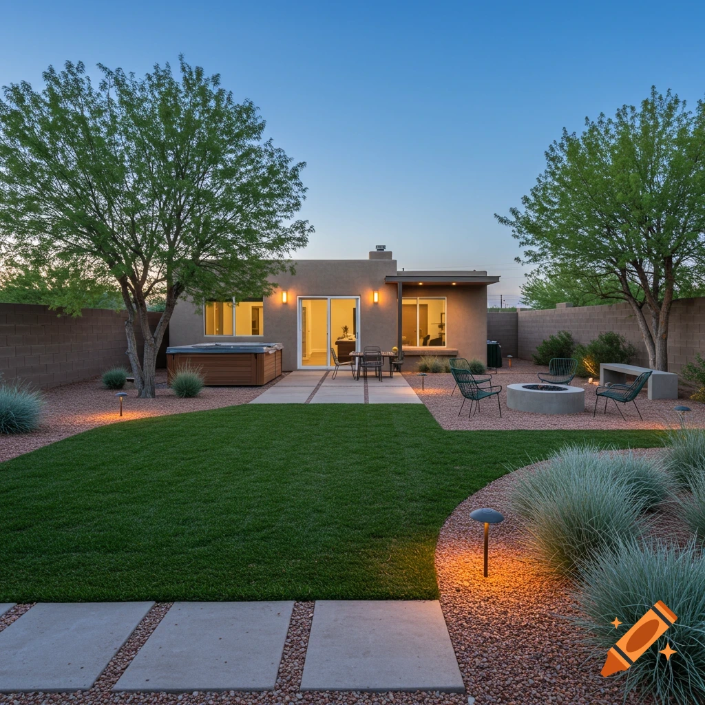 A modern backyard with a lawn, patio, hot tub, and fire pit under a twilight sky.