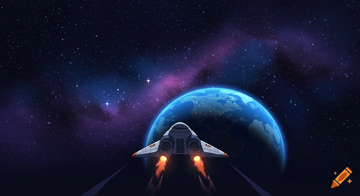 Cartoon spaceship flying toward Earth in a colorful, star-filled space.