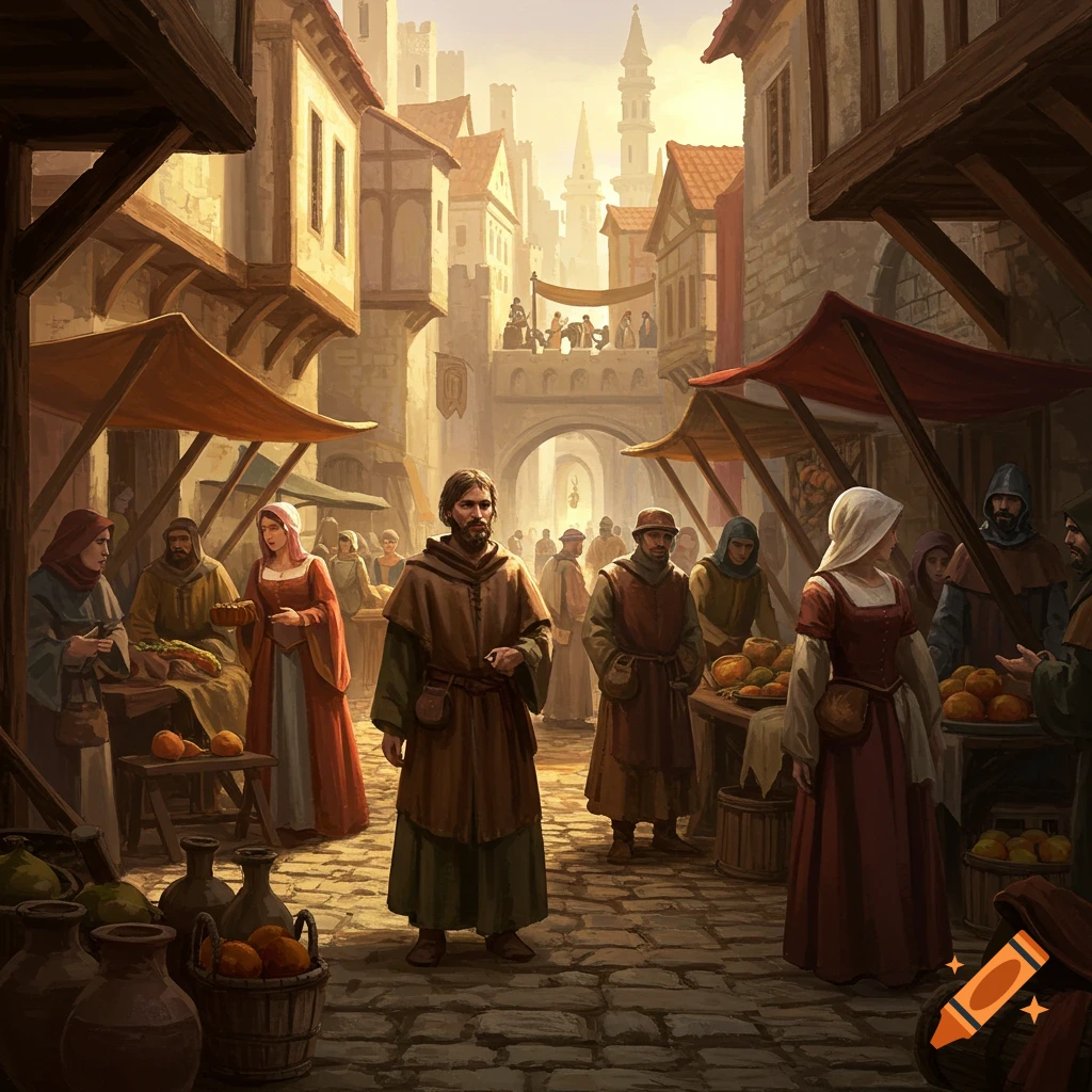 A bustling medieval market street.