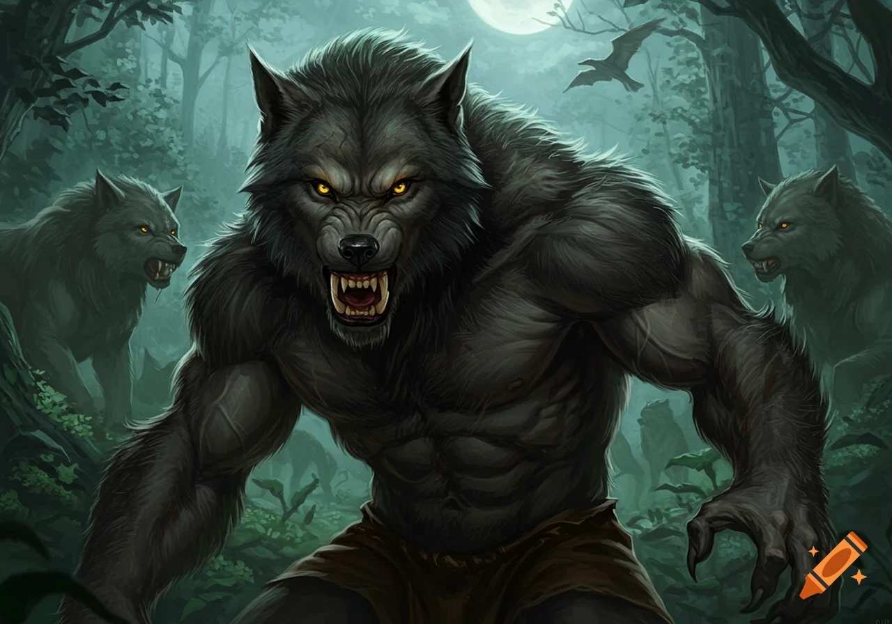 An aggressive alpha werewolf in a forest at night with a full moon and other wolves.