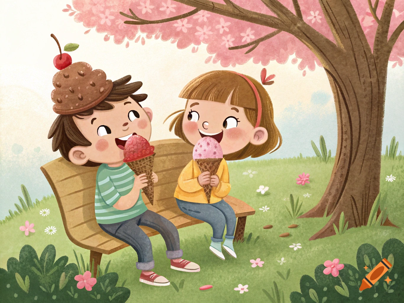 Two children sit on a park bench eating ice cream under a flowering tree in a colorful illustration.