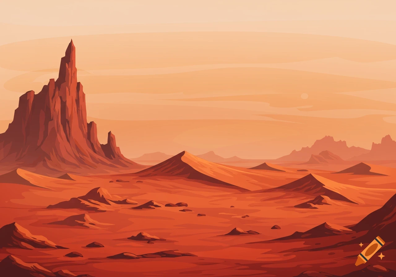 A vector graphic illustration of a red desert landscape with rocky formations under an orange sky.