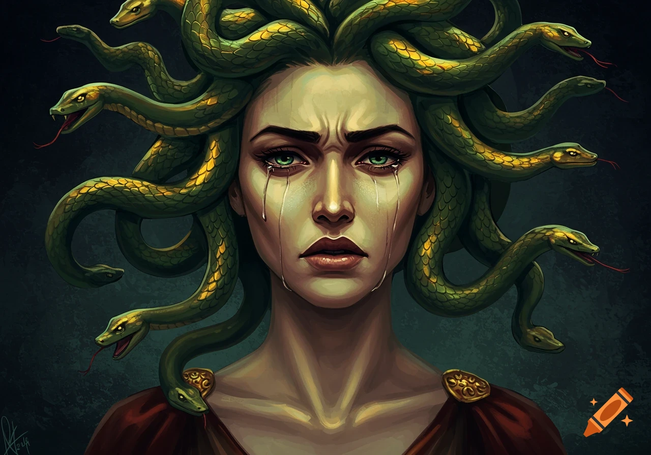 Portrait of a heartbroken Medusa with snakes for hair, crying.