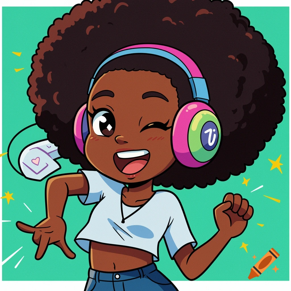 Cartoon of a joyful girl with afro and colorful headphones, winking and dancing.
