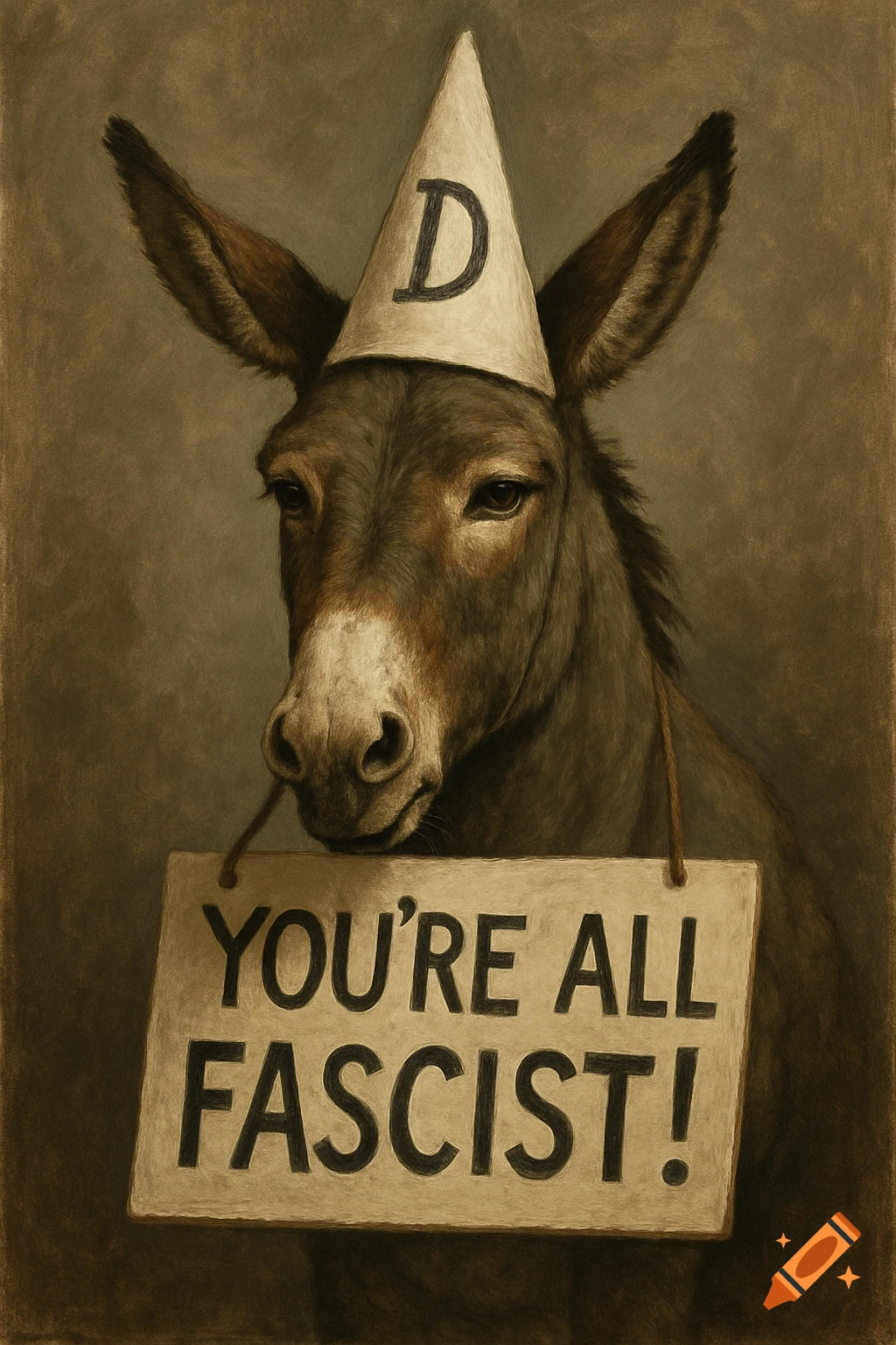 A donkey in a party hat is holding a sign that reads 'YOU'RE ALL FASCIST!'