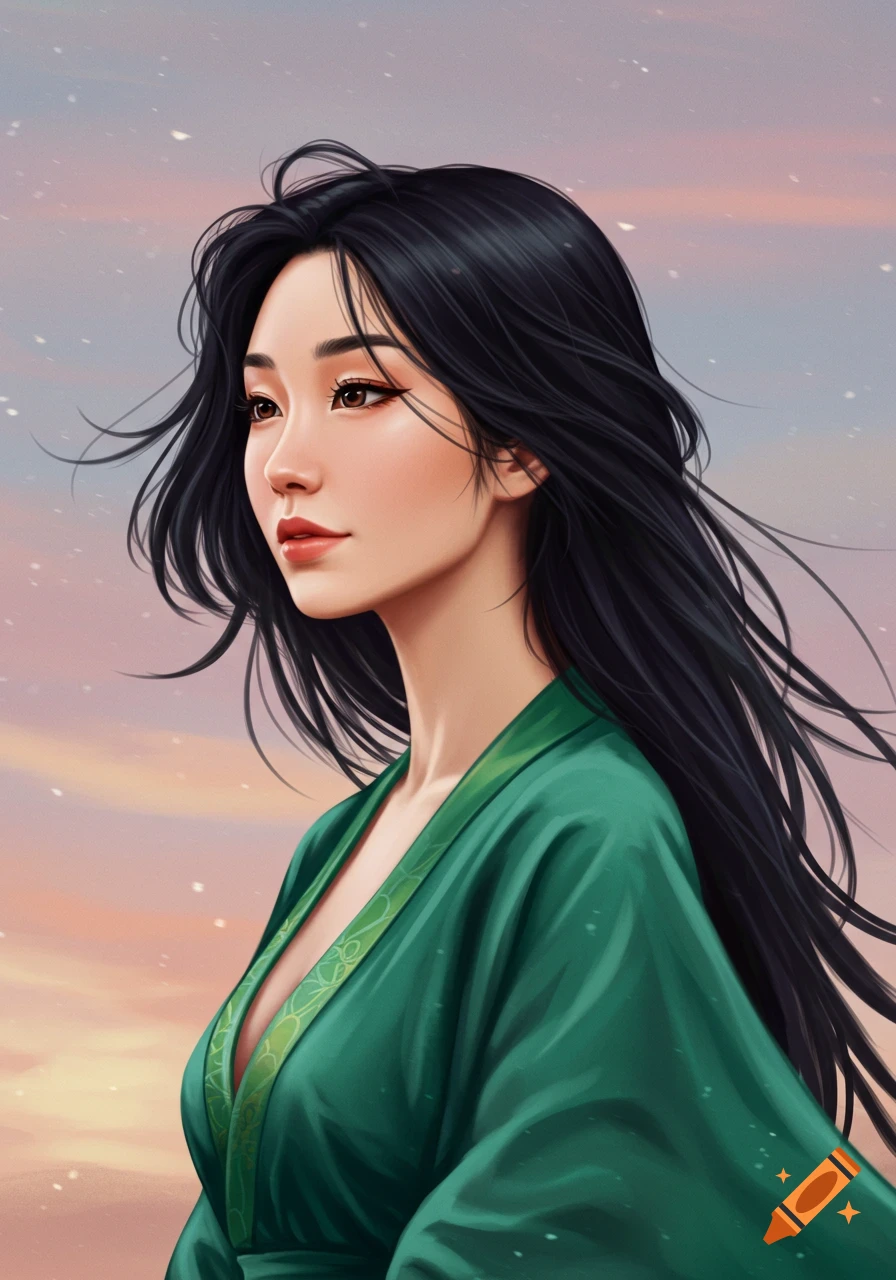 A woman in a green robe looking to the side.