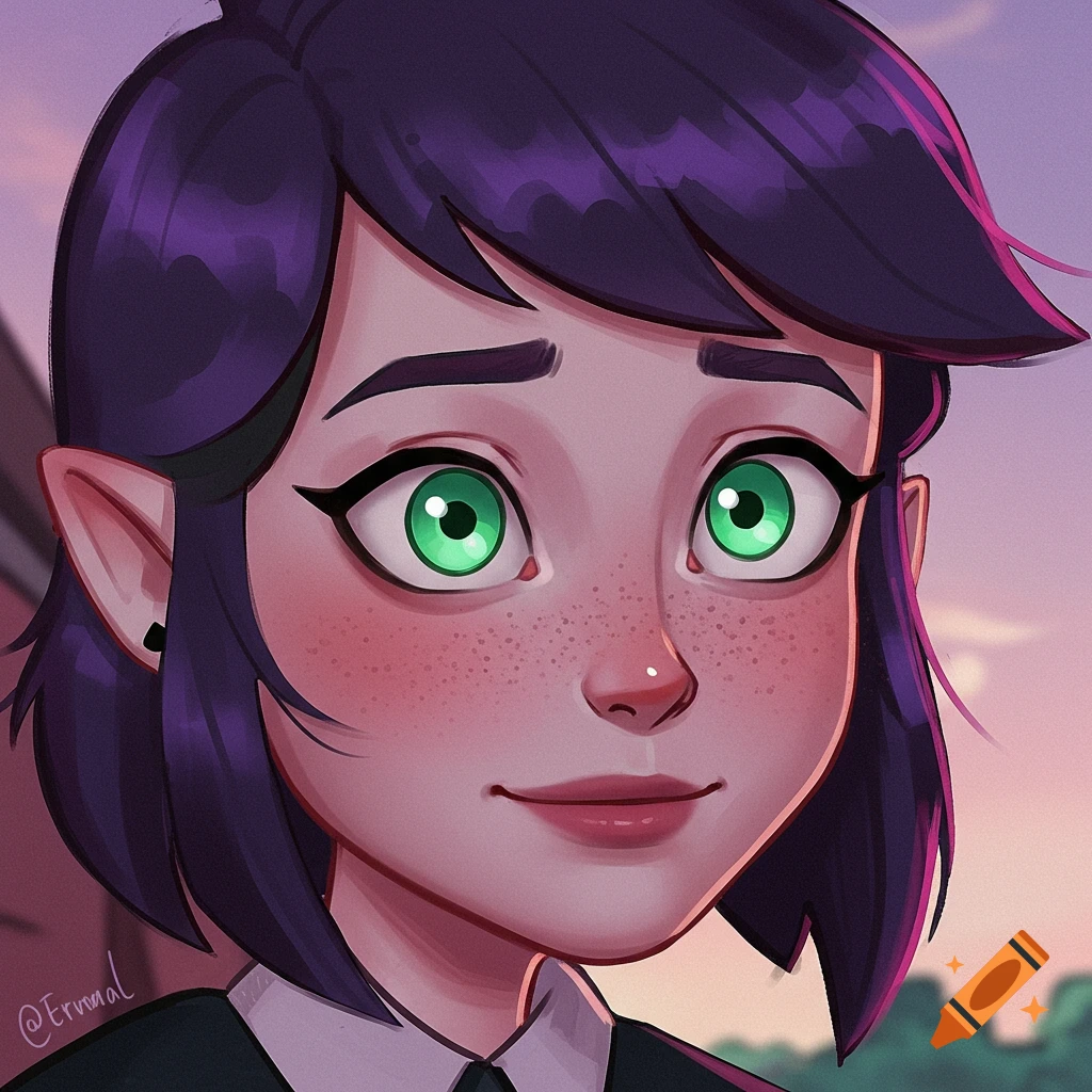 Portrait of Amity Blight with purple hair, green eyes, and freckles.