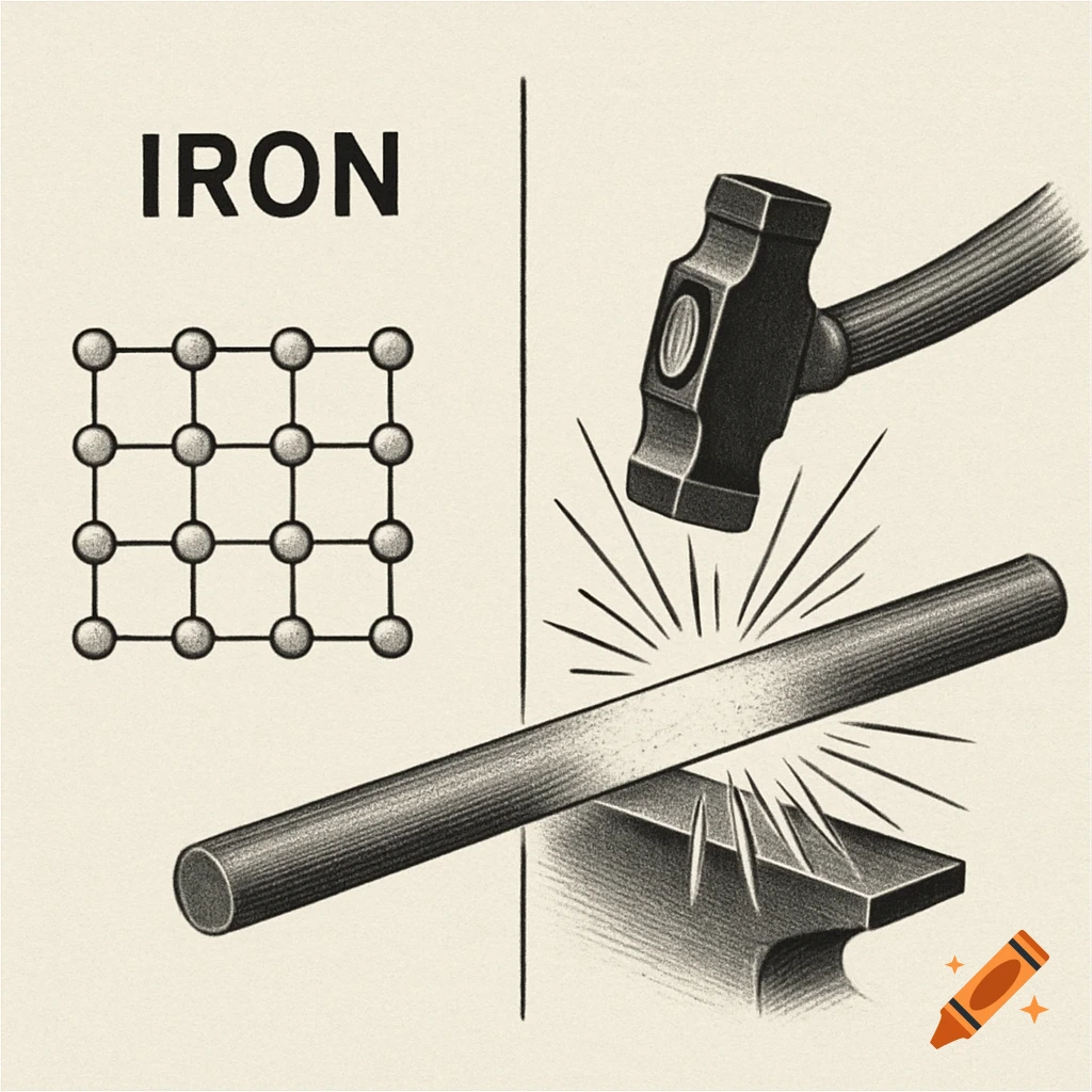 Illustration showing a schematic of iron and a hammer hitting a metal rod on an anvil with sparks.