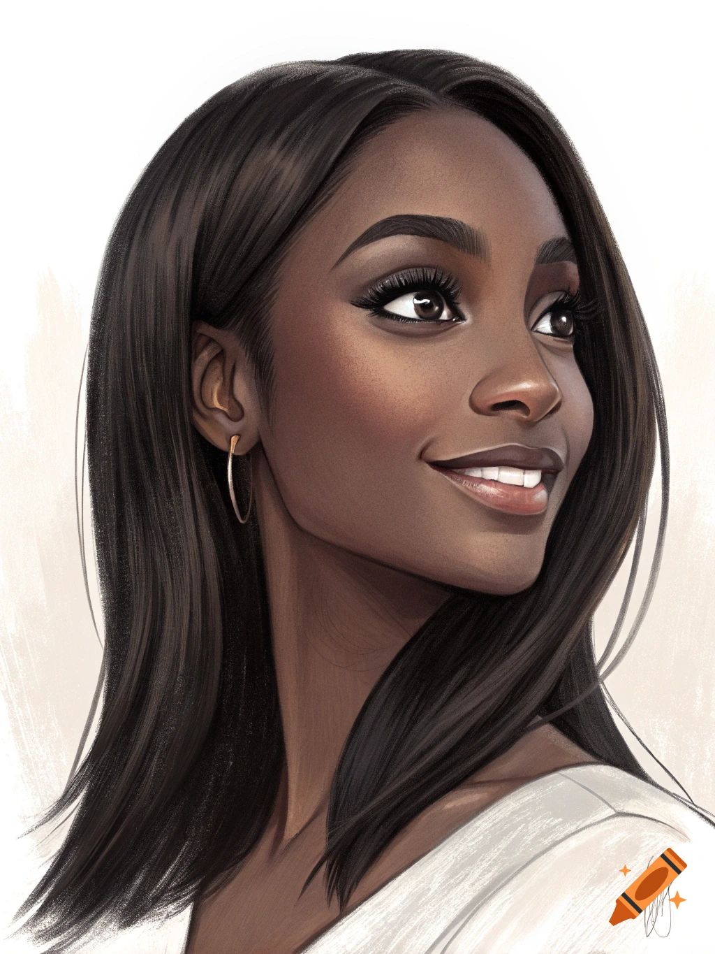Stylized digital portrait of a smiling Black woman looking up and to the side.