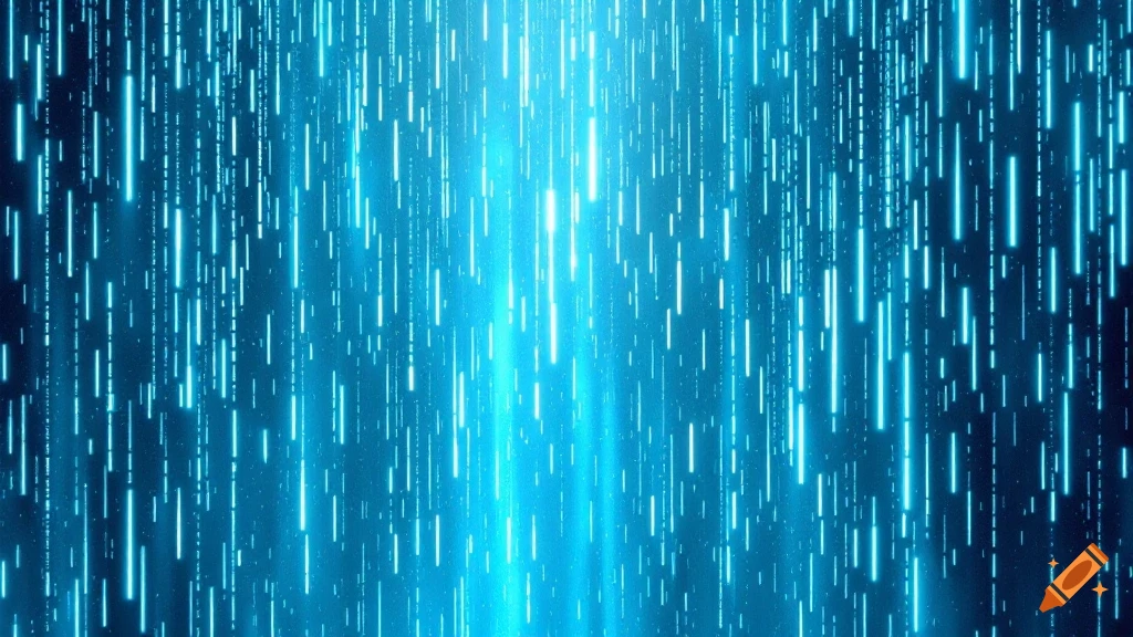 Abstract digital art showing falling blue lines on a dark background, resembling matrix code.