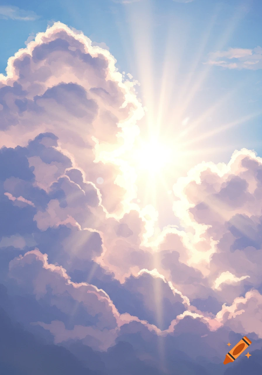 Bright sun rays through fluffy clouds.