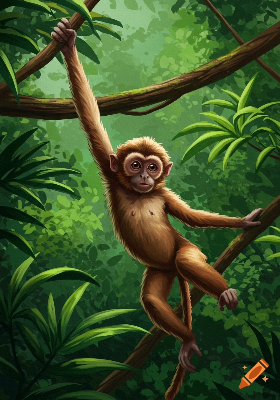 A monkey hangs from a branch in a jungle.