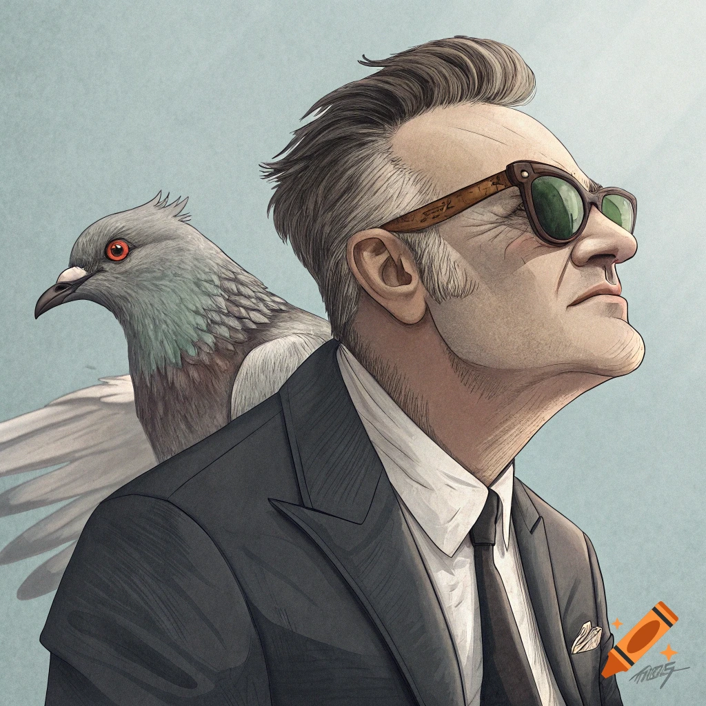 A stylized illustration of a man in a suit and sunglasses, with a pigeon perched on his shoulder.