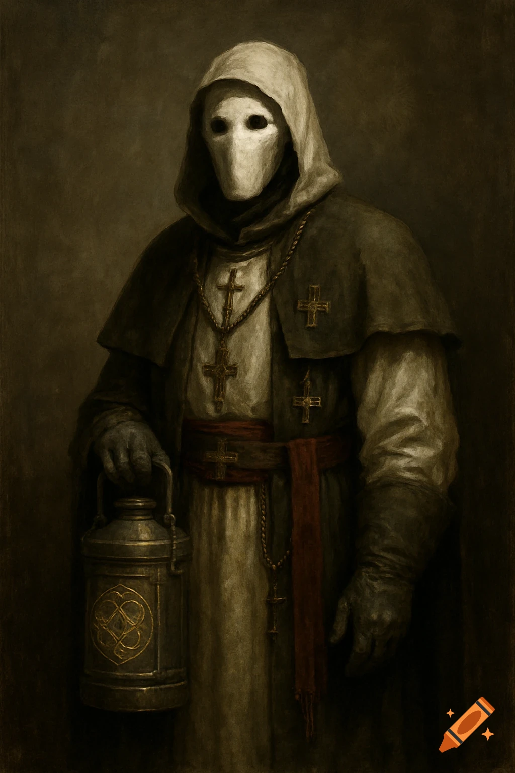 A dark, painterly portrait of a figure in a hooded robe and mask, holding a metal lantern with a symbol.