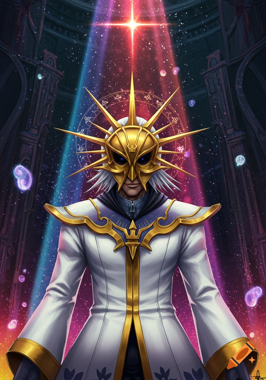 A character in a golden mask and white and gold coat standing in a starry, cosmic setting.