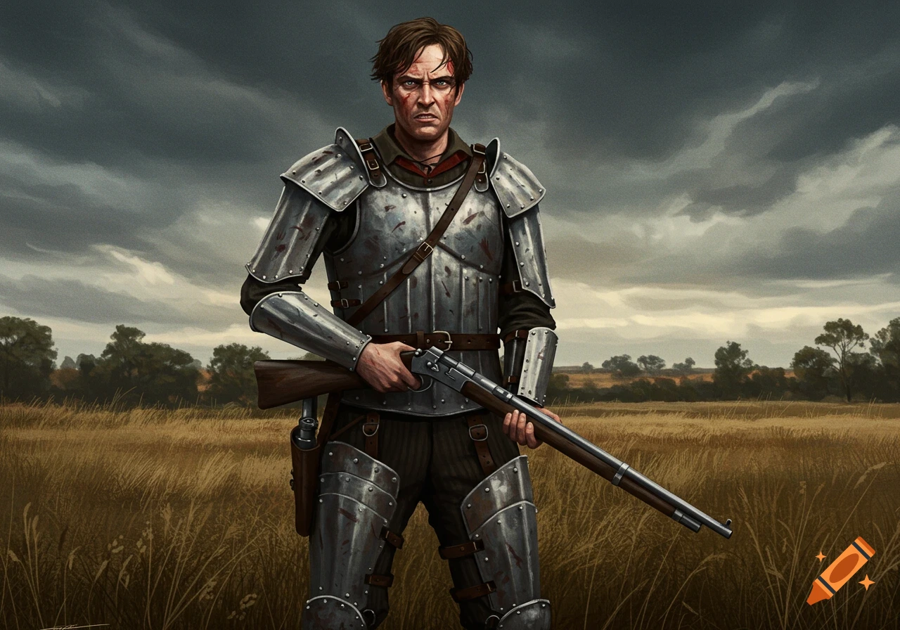 A man in iron armor holding a rifle stands in a field under a stormy sky.