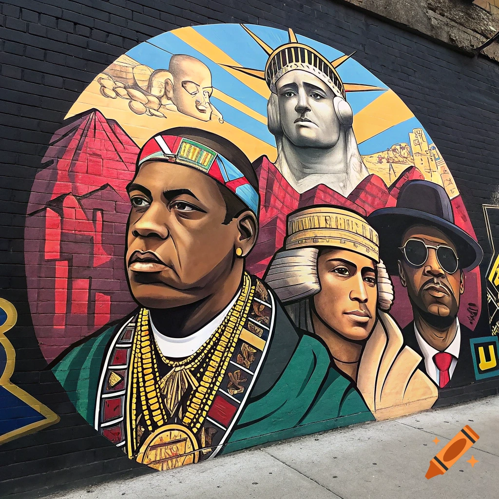 Colorful urban street art mural on a brick wall depicting multiple portraits of figures, including a Statue of Liberty head, stylized pyramids, and a baby-like sphinx.
