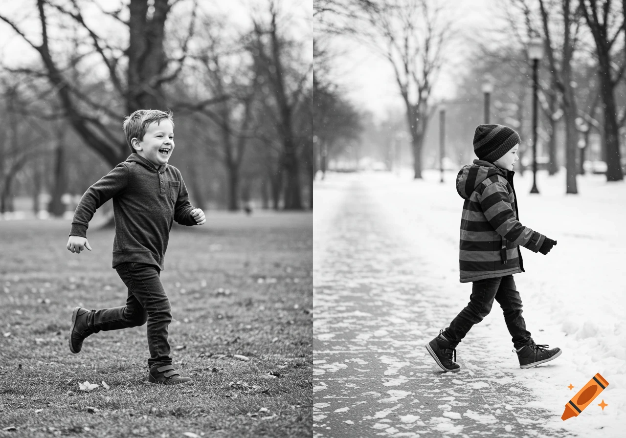 Black and white split image of a boy running in a park and another boy walking in a snowy park.