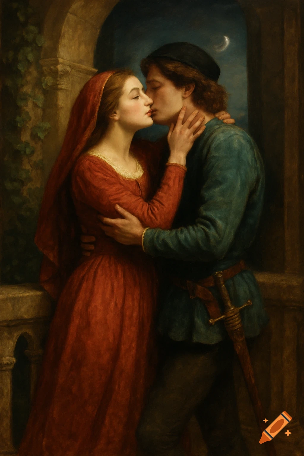 A couple kissing on a balcony