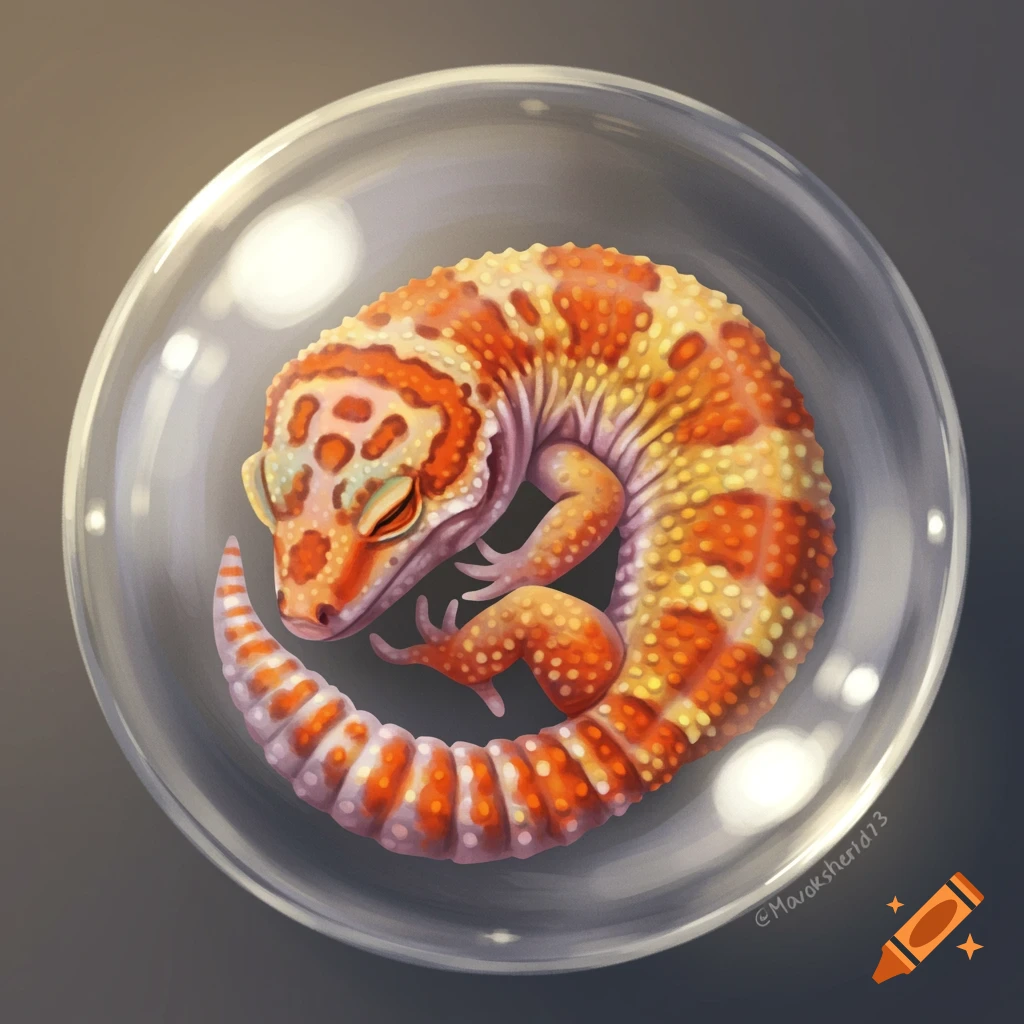 A leopard gecko is curled up inside a glass orb.