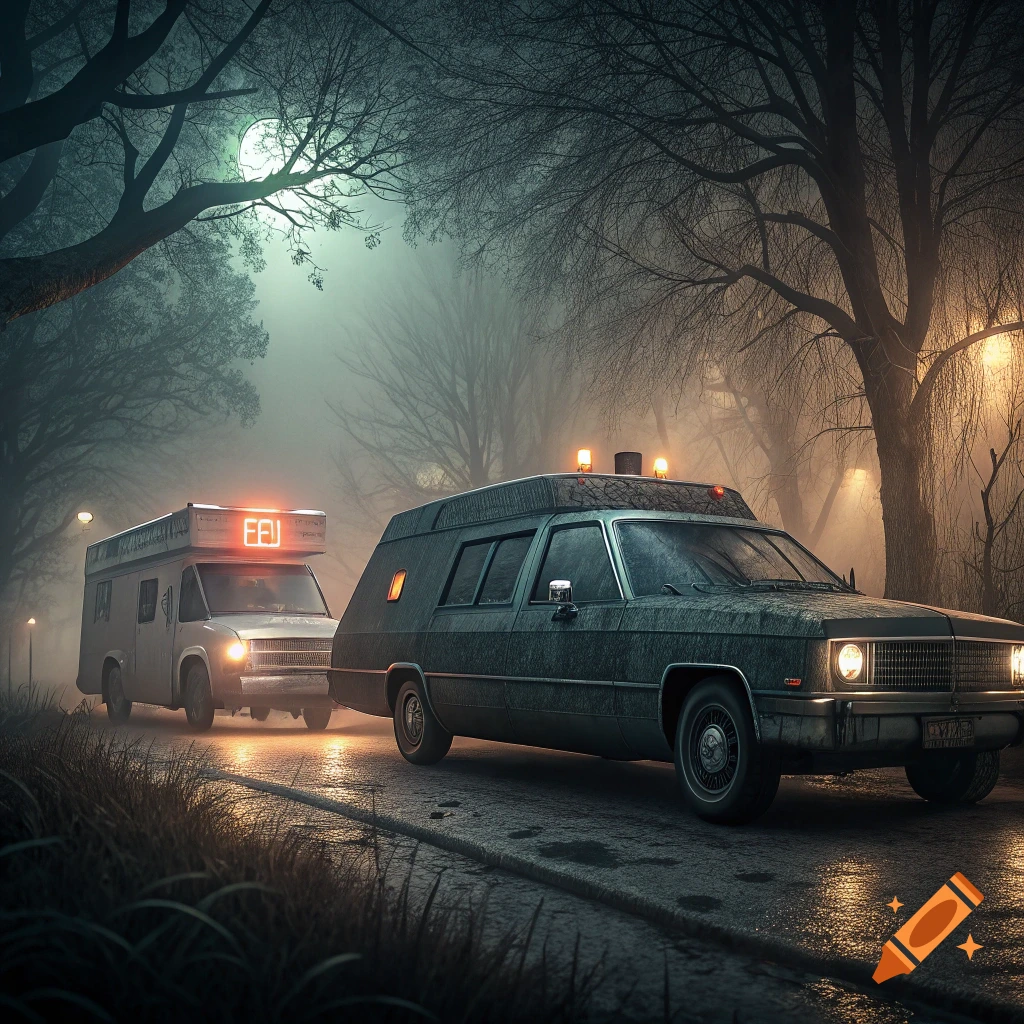 A hearse and ambulance on a dark, foggy road at night under a moon.