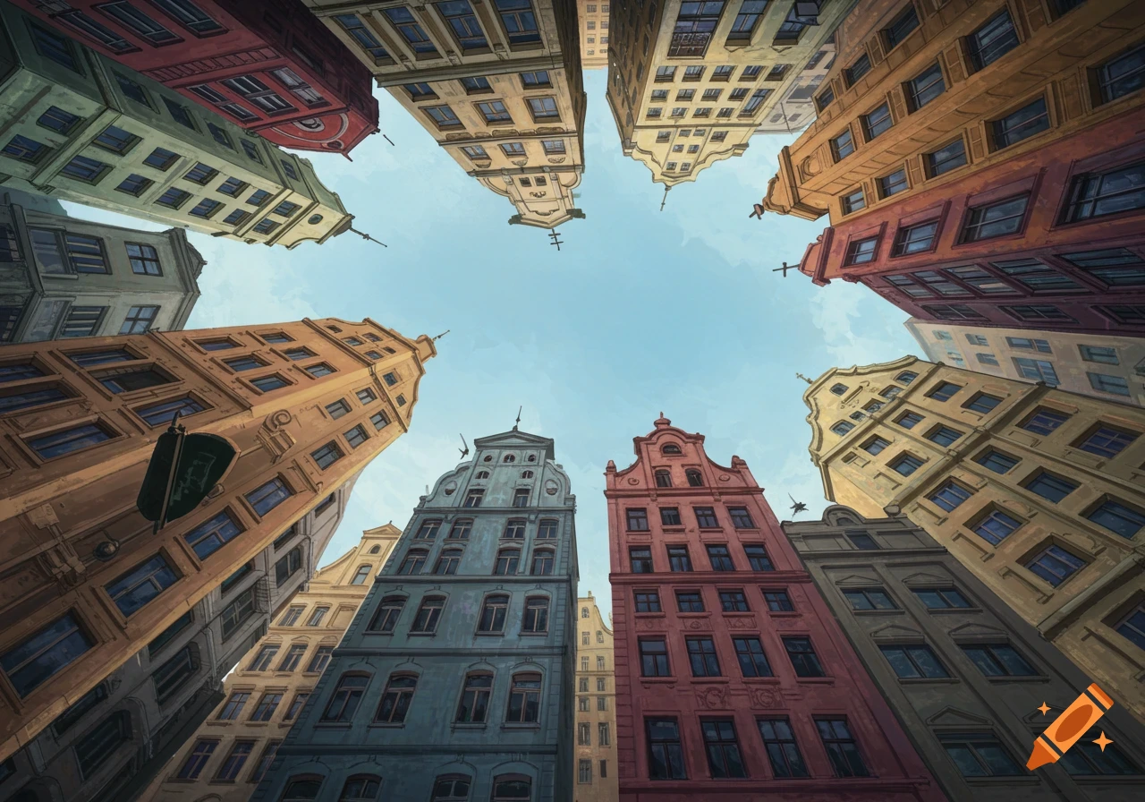 Worm's eye view of colorful buildings looking up at the sky.