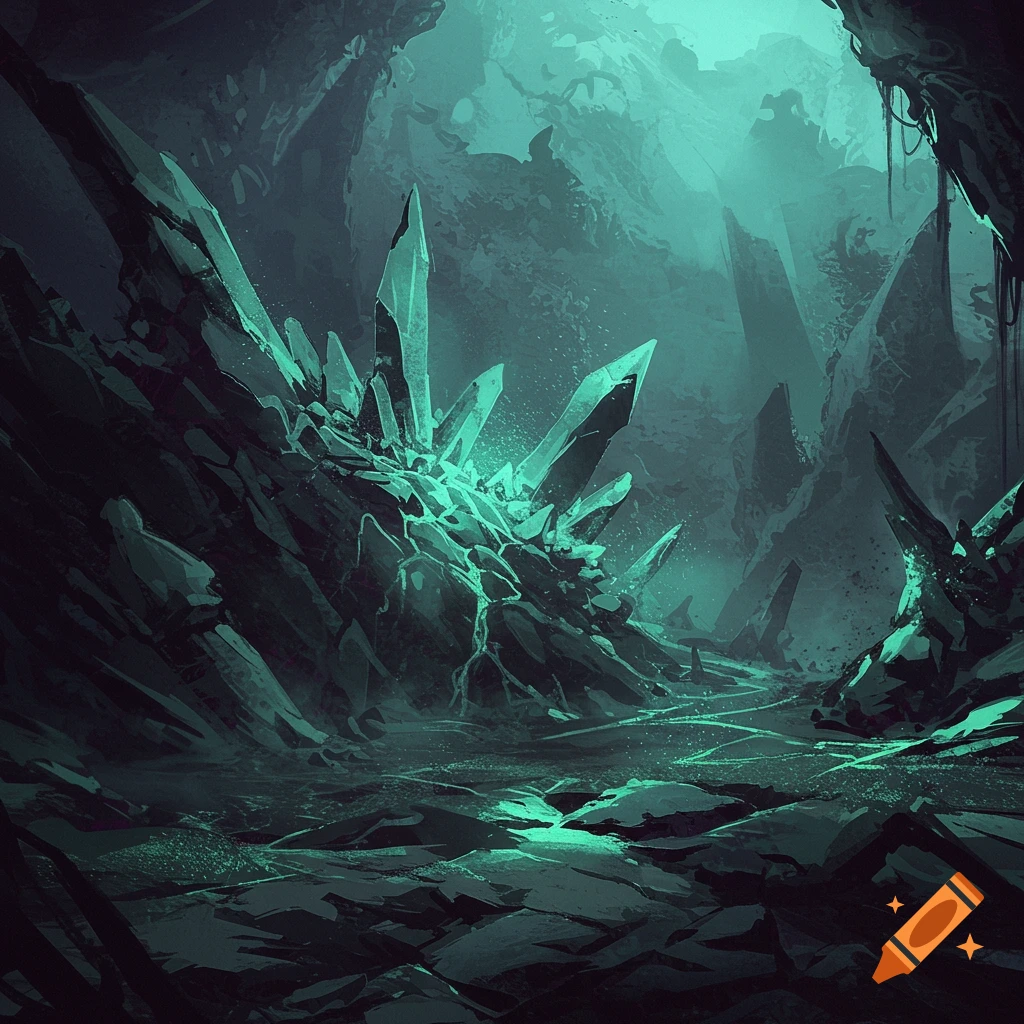 A dark cave filled with glowing turquoise crystals.