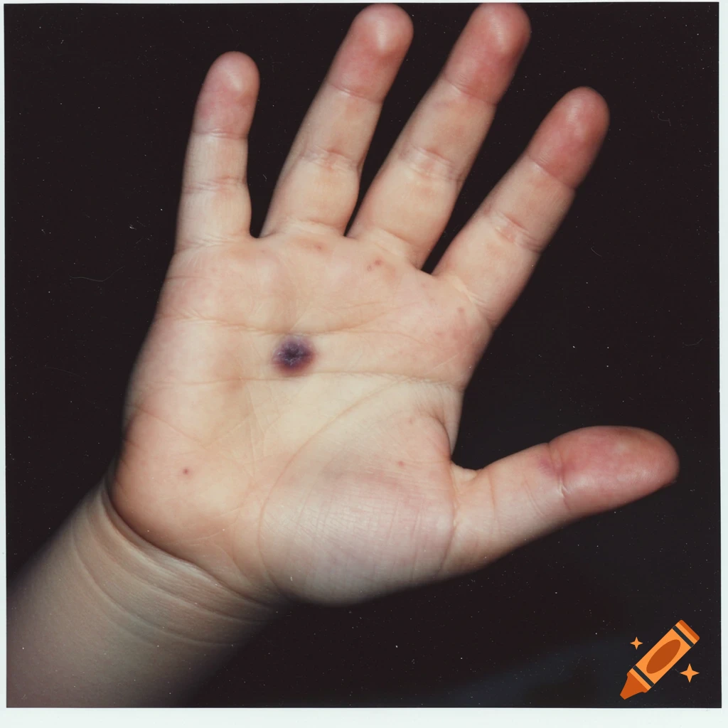 Close-up 1990s-style Polaroid photo of a hand with a large purple bruise.