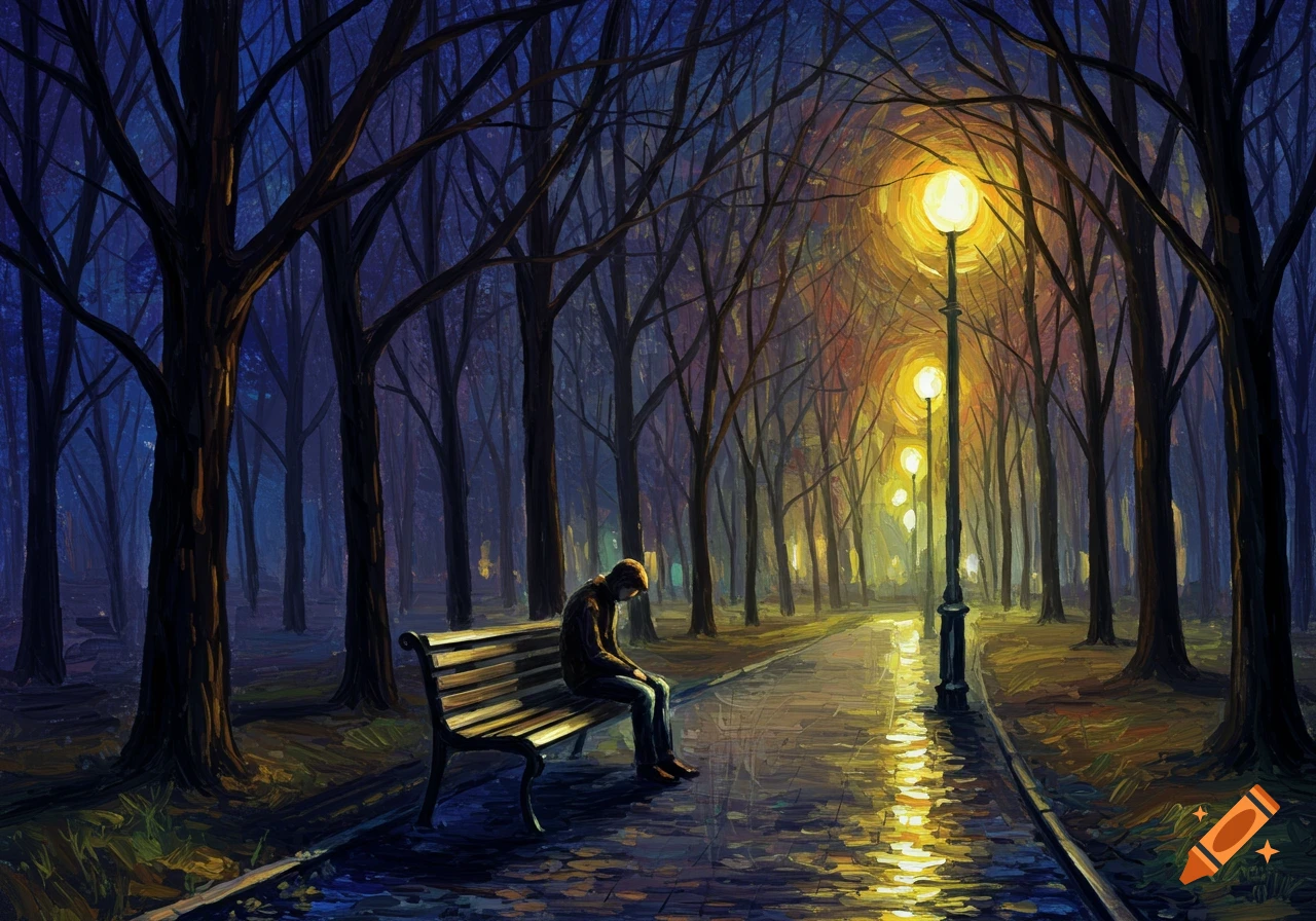 Painting of a solitary figure sitting on a park bench at night under streetlights.