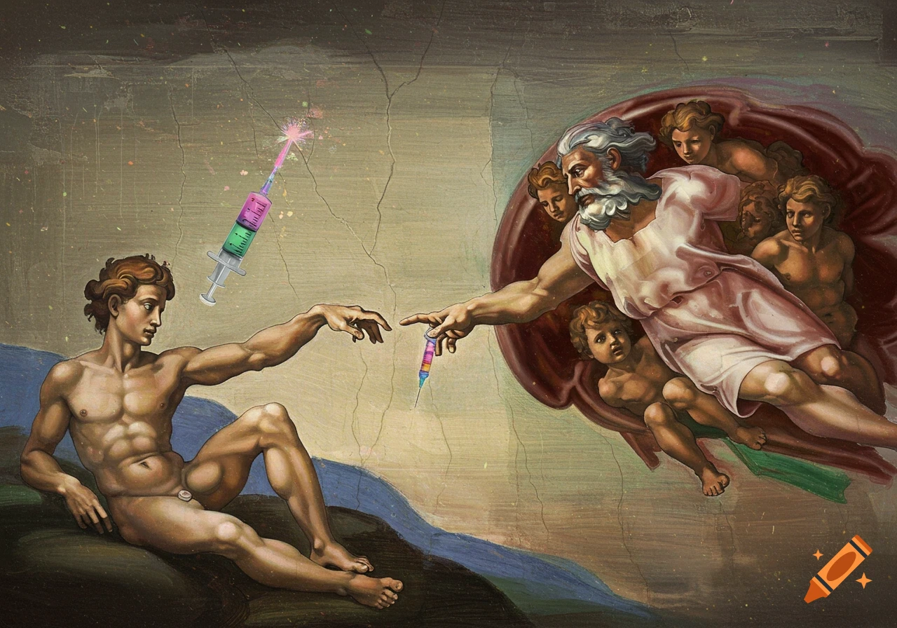 Parody of Creation of Adam, Adam and God holding syringes filled with colorful liquid.