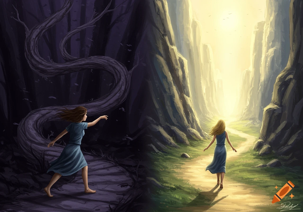 A woman is depicted reaching into a dark, tangled forest on the left and walking into a bright, sunlit valley on the right.