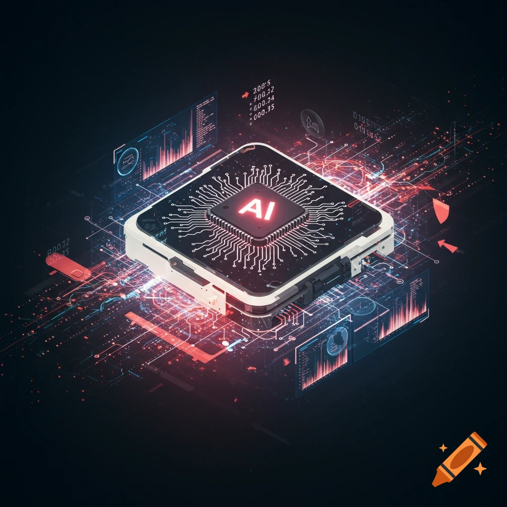 Conceptual image of an AI chip with data visualizations.
